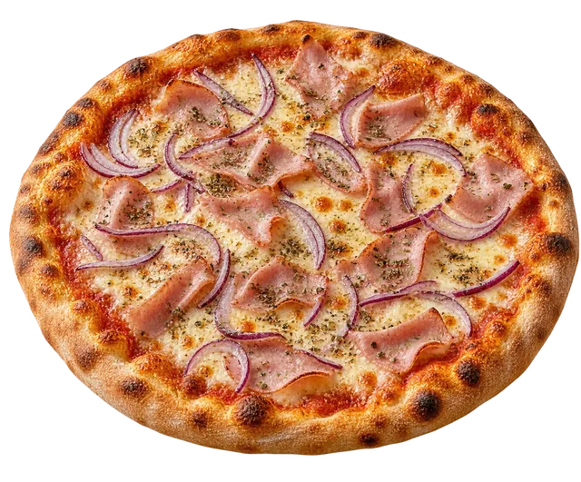 Une pizza au jambon et aux oignons rouges, à la pâte bien dorée
